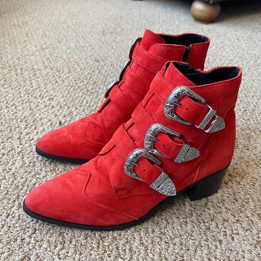 ASOS orange with silver buckles ankle boots, with functional zipper on the side.